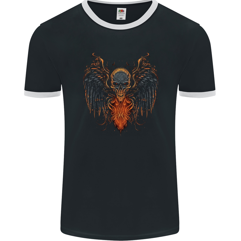 Fallen Angel Skull Demon Wing Flames Mens Ringer T-Shirt FotL Black/White
