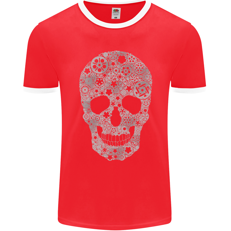 Gear Skull Biker Motorcycle Motorbike Cars Mens Ringer T-Shirt FotL Red/White