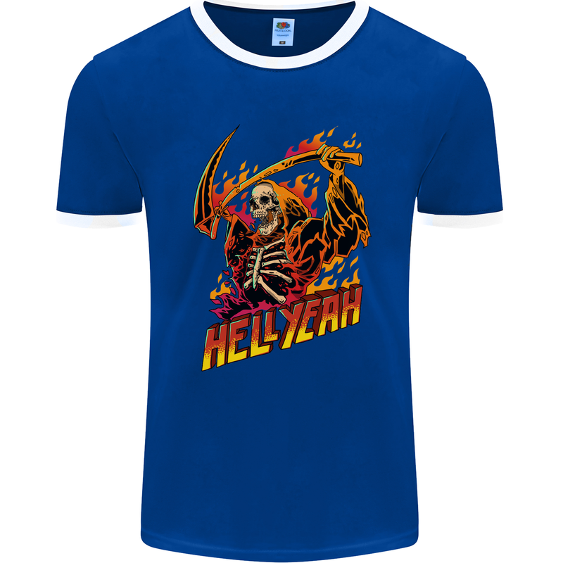 Hell Yeah Grim Reaper Skull Heavy Metal Mens Ringer T-Shirt FotL Royal Blue/White