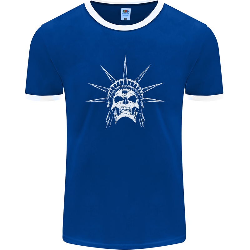 Statue of Liberty Skull USA Gothic Biker Mens Ringer T-Shirt FotL Royal Blue/White