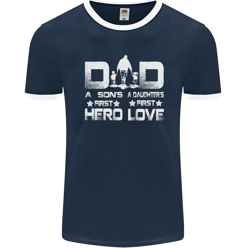 Fathers Day Son Hero Daughter Love Dad Mens Ringer T-Shirt FotL Navy Blue/White