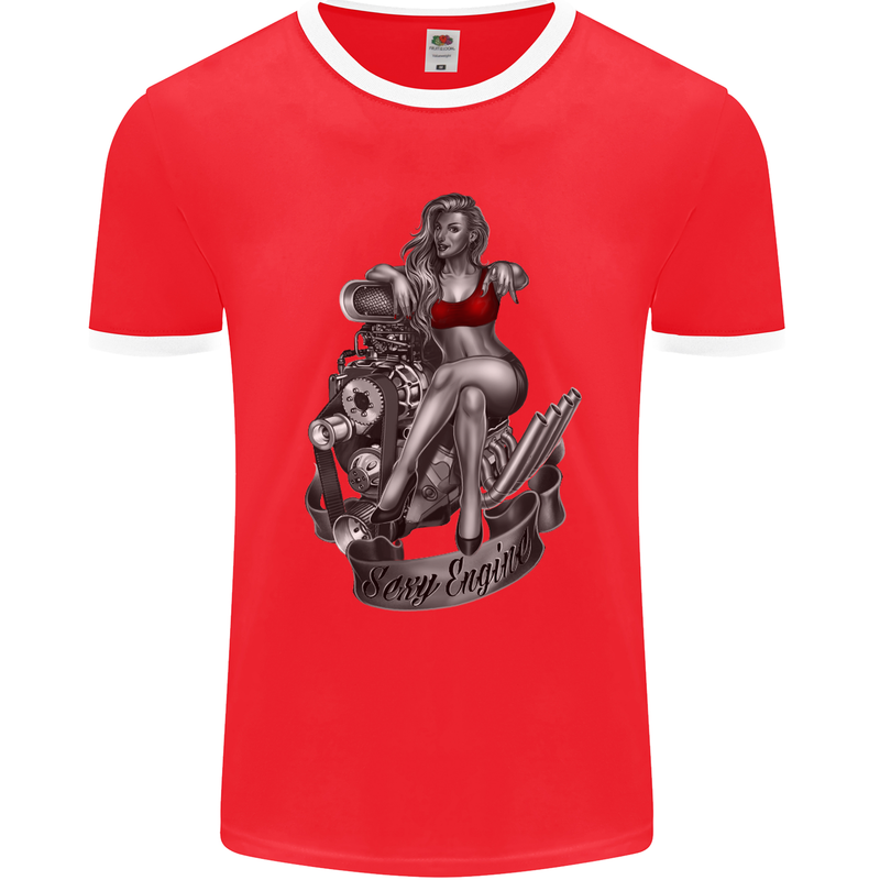 Sexy Engine Muscle Car Hot Rod Hotrod Mens Ringer T-Shirt FotL Red/White