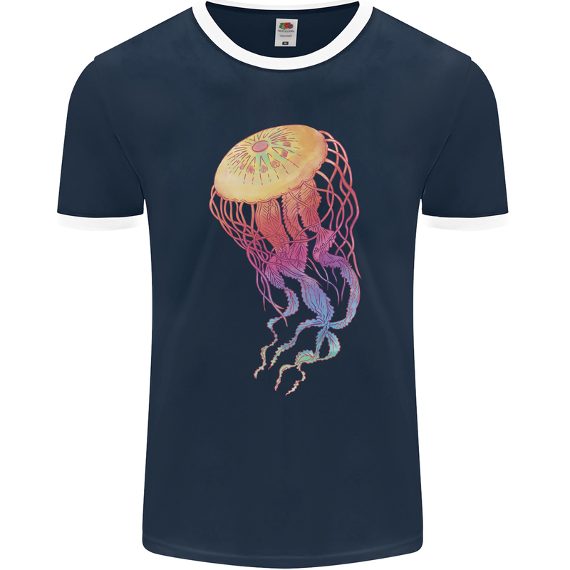 Colourful Jellyfish Ocean Life Mens Ringer T-Shirt FotL Navy Blue/White