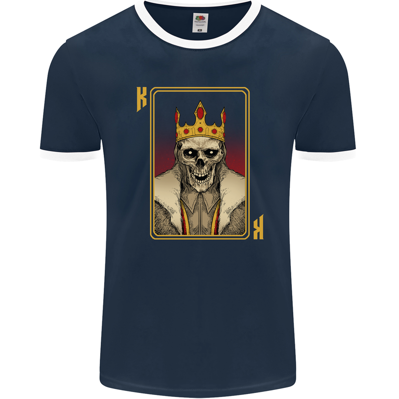 King Playing Card Gothic Skull Poker Mens Ringer T-Shirt FotL Navy Blue/White