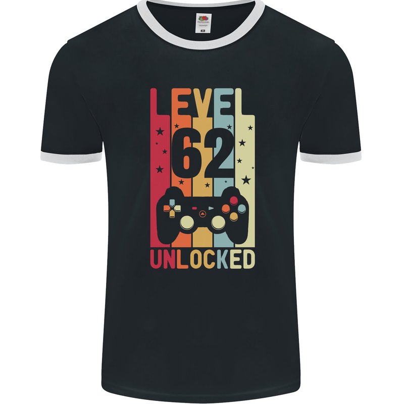 62nd Birthday 62 Year Old Level Up Gamming Mens Ringer T-Shirt FotL Black/White
