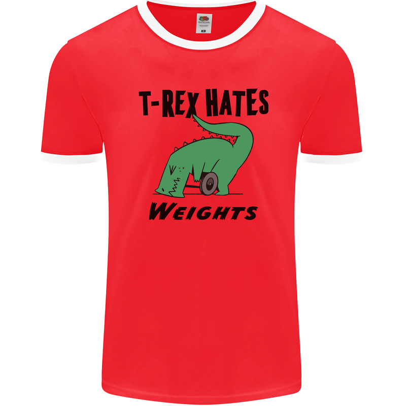 T-Rex Hates Weights Funny Gym Workout Mens Ringer T-Shirt FotL Red/White