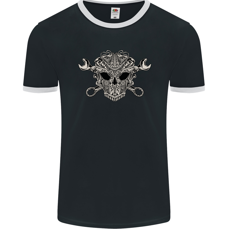Engine Skull Mechanic Car Biker Motorbike Mens Ringer T-Shirt FotL Black/White