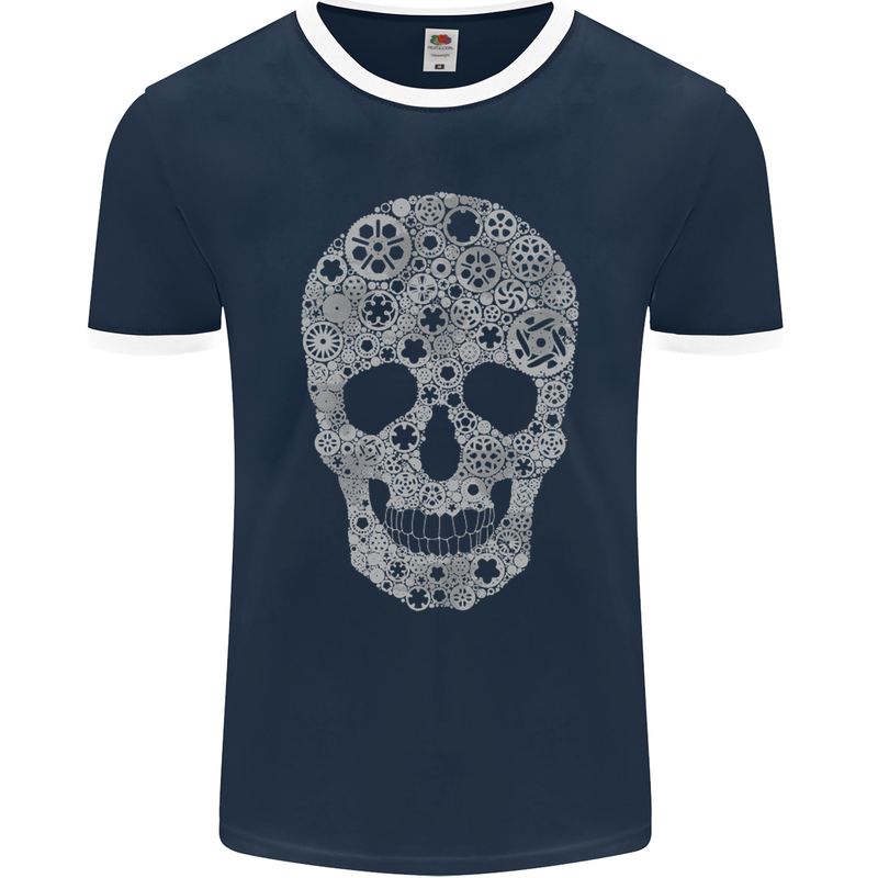 Gear Skull Biker Motorcycle Motorbike Cars Mens Ringer T-Shirt FotL Navy Blue/White