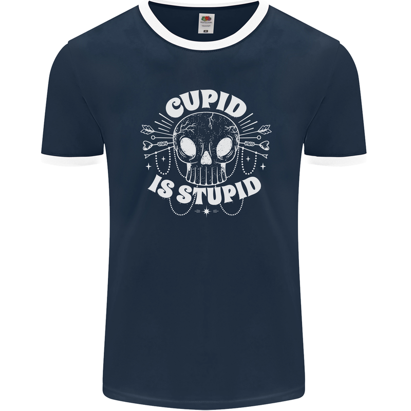 Cupid Is Stupid Funny Anti Valentines Day Mens Ringer T-Shirt FotL Navy Blue/White