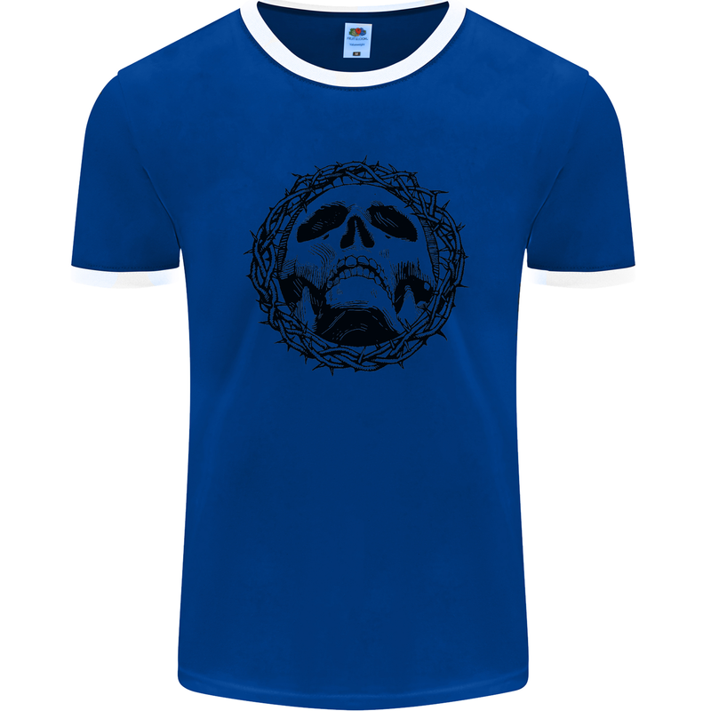 A Skull in Thorns Gothic Christ Jesus Mens Ringer T-Shirt FotL Royal Blue/White