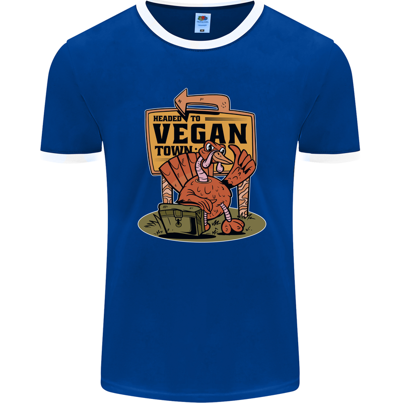 Heading to Vegan Town Funny Turkey Mens Ringer T-Shirt FotL Royal Blue/White