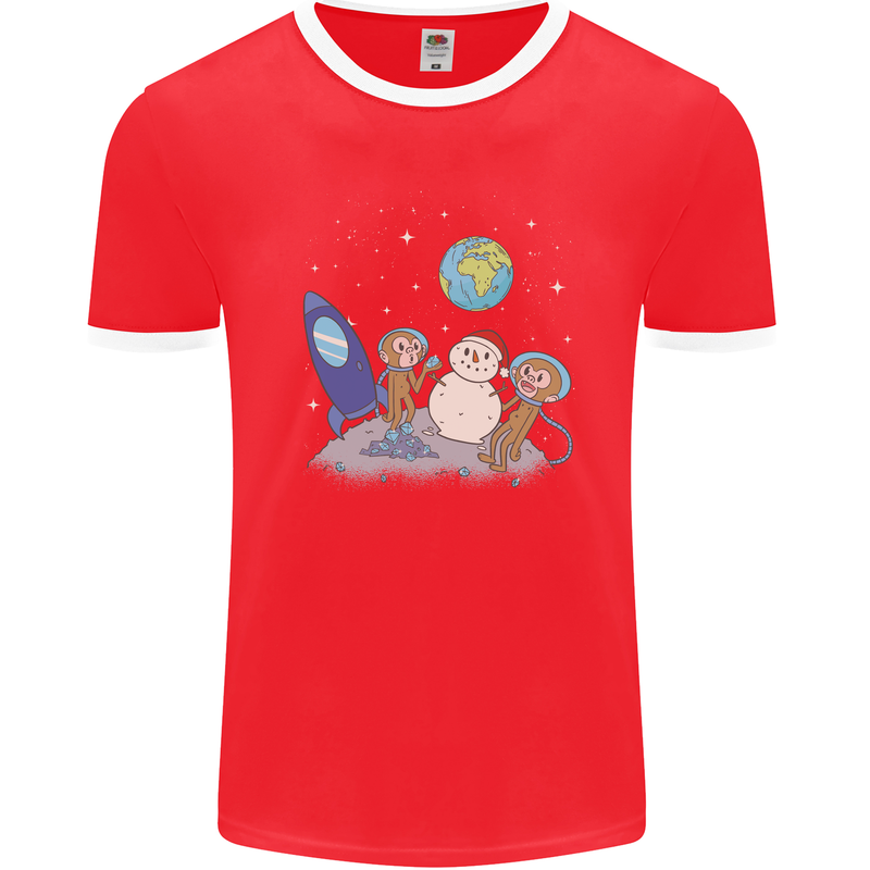 Space Monkeys Aliens UFO Christmas Snowman Mens Ringer T-Shirt FotL Red/White