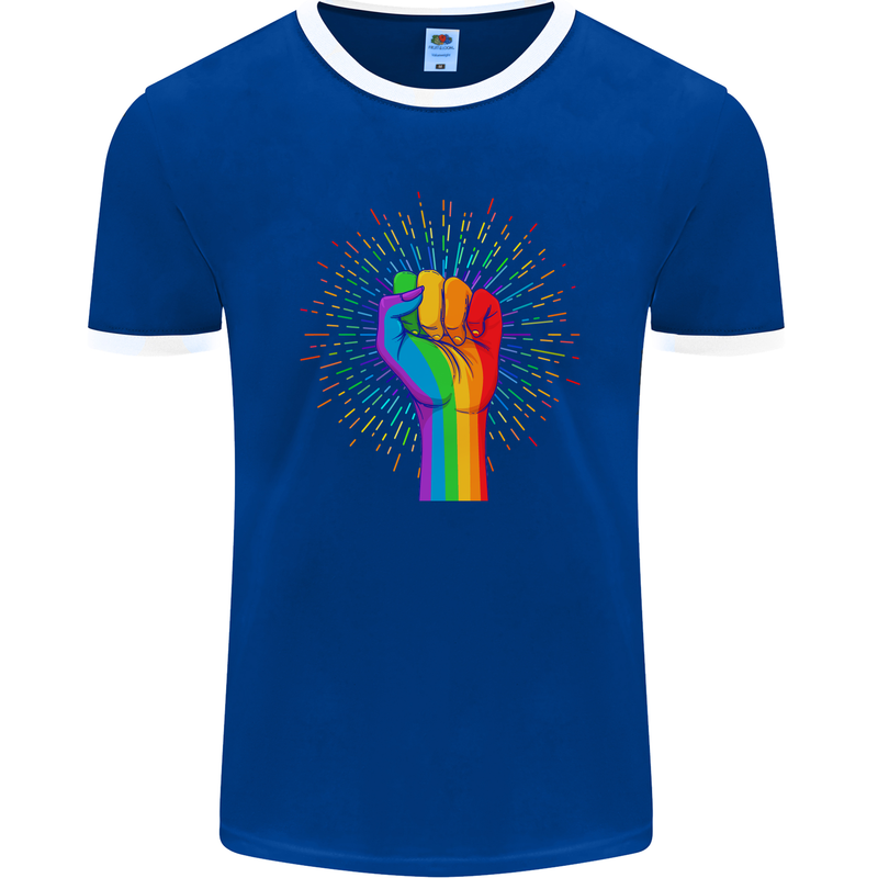 LGBT Fist Gay Pride Day Awareness Mens Ringer T-Shirt FotL Royal Blue/White