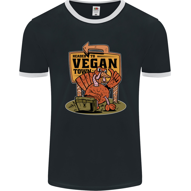 Heading to Vegan Town Funny Turkey Mens Ringer T-Shirt FotL Black/White