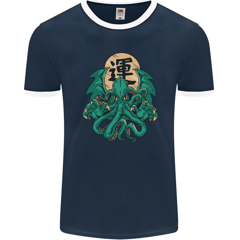 Cthulhu Monster Kraken Mens Ringer T-Shirt FotL Navy Blue/White