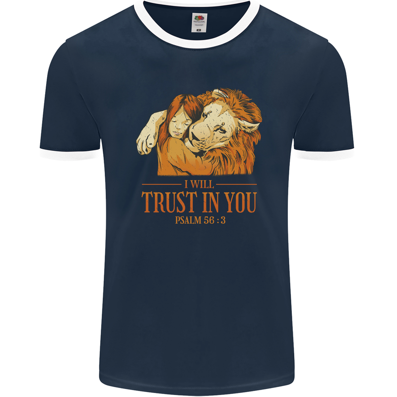 Religion Christianity Bible Trust in Lion Mens Ringer T-Shirt FotL Navy Blue/White