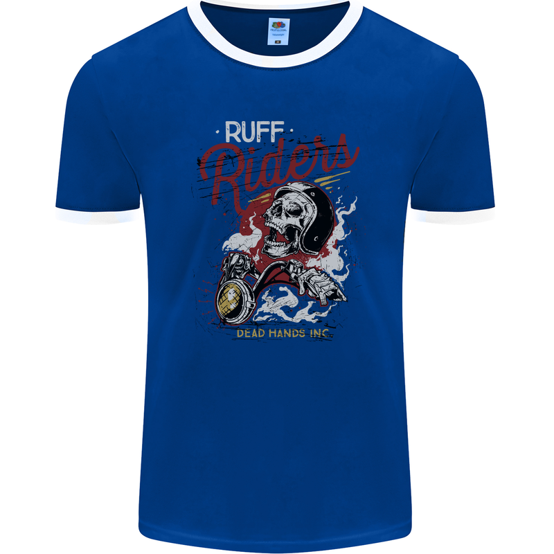 Biker Ruff Riders Motorcycle Motorbike Mens Ringer T-Shirt FotL Royal Blue/White