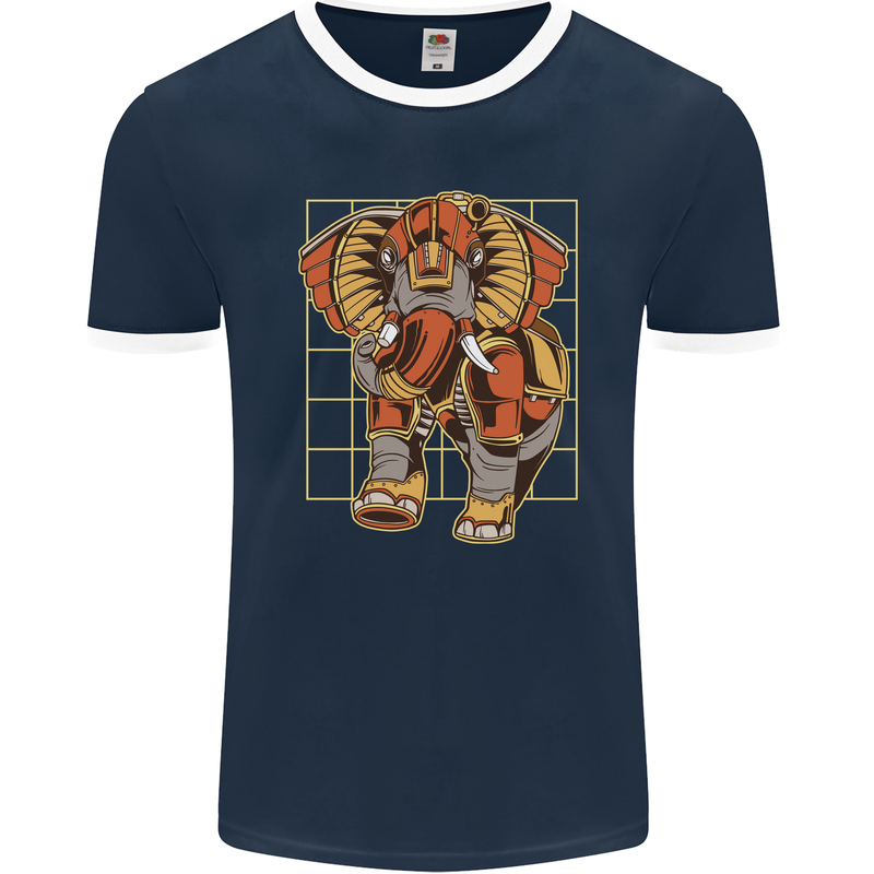 Steampunk Elephant Mens Ringer T-Shirt FotL Navy Blue/White