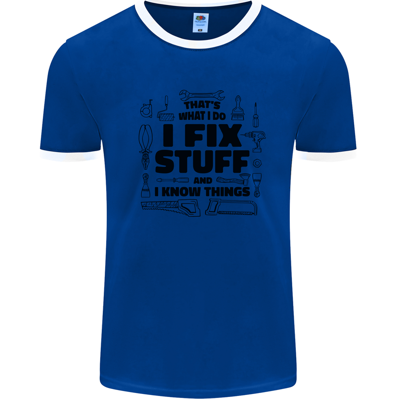 I Fix Stuff Funny Handyman Tradesman DIY Mens White Ringer T-Shirt Royal Blue/White