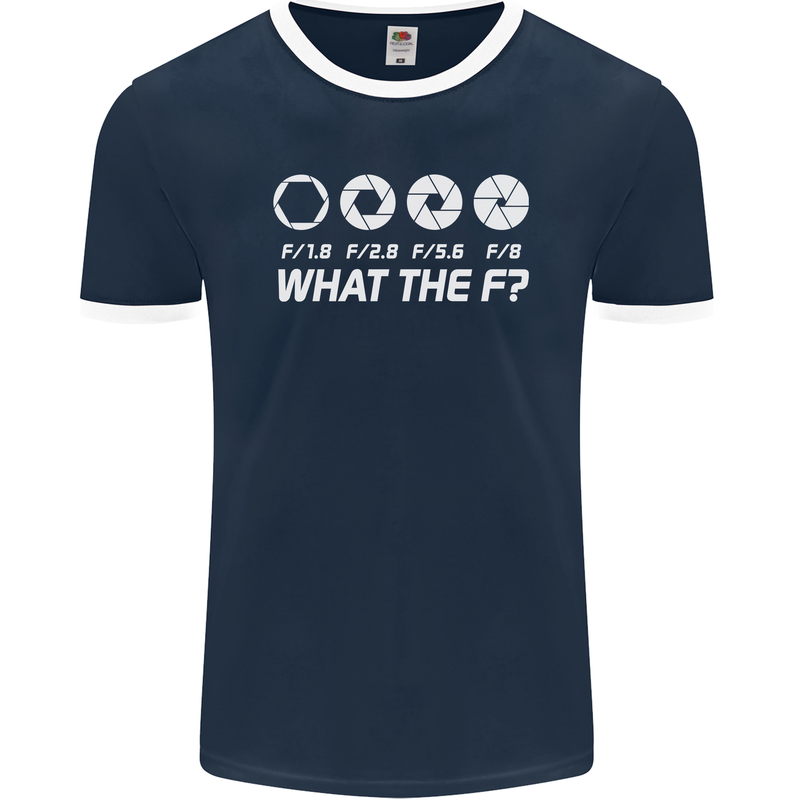 Photography What the F Stop Photographer Mens Ringer T-Shirt FotL Navy Blue/White