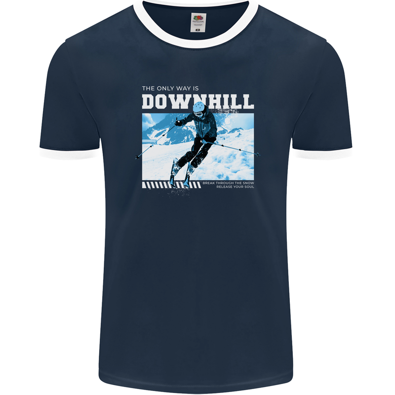 The Only Way is Downhill Skiing Ski Skier Mens Ringer T-Shirt FotL Navy Blue/White