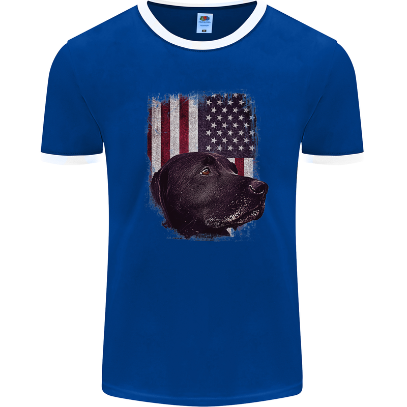 American Labrador USA Flag Dog Mens Ringer T-Shirt FotL Royal Blue/White