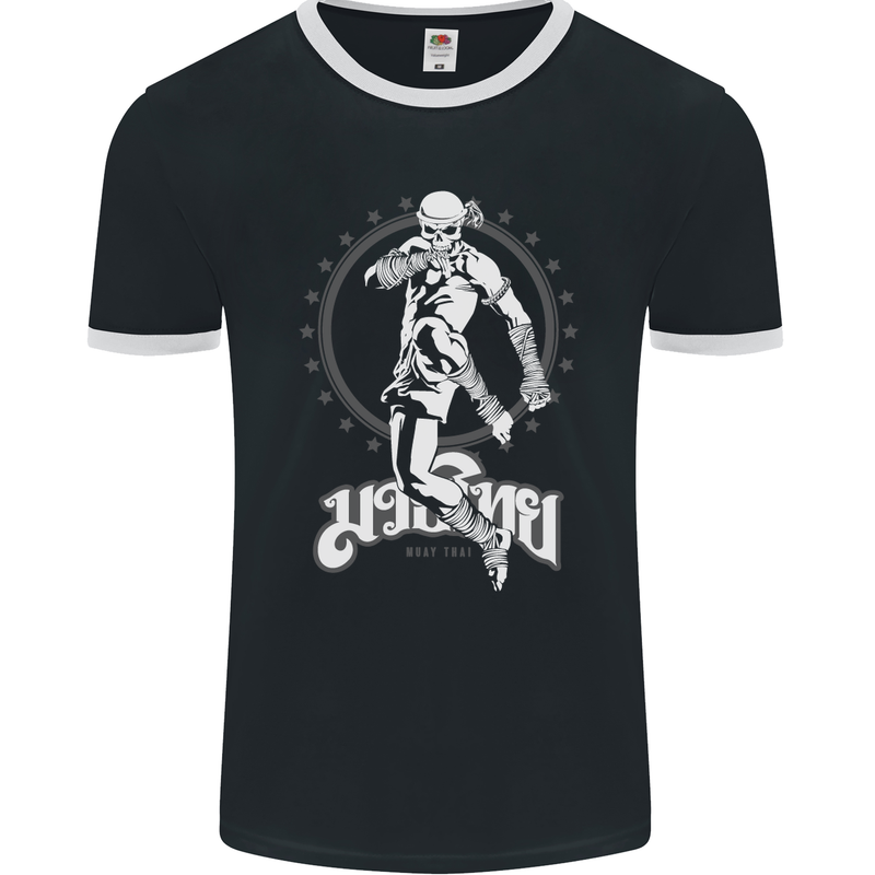 Muay Thai Skeleton MMA Mixed Martial Arts Mens Ringer T-Shirt FotL Black/White