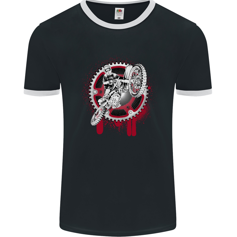 Motocross Bike on a Background of Gears Mens Ringer T-Shirt FotL Black/White