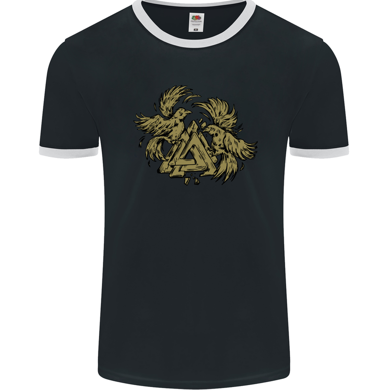 Valknut Symbol With Ravens Vikings Mens Ringer T-Shirt FotL Black/White