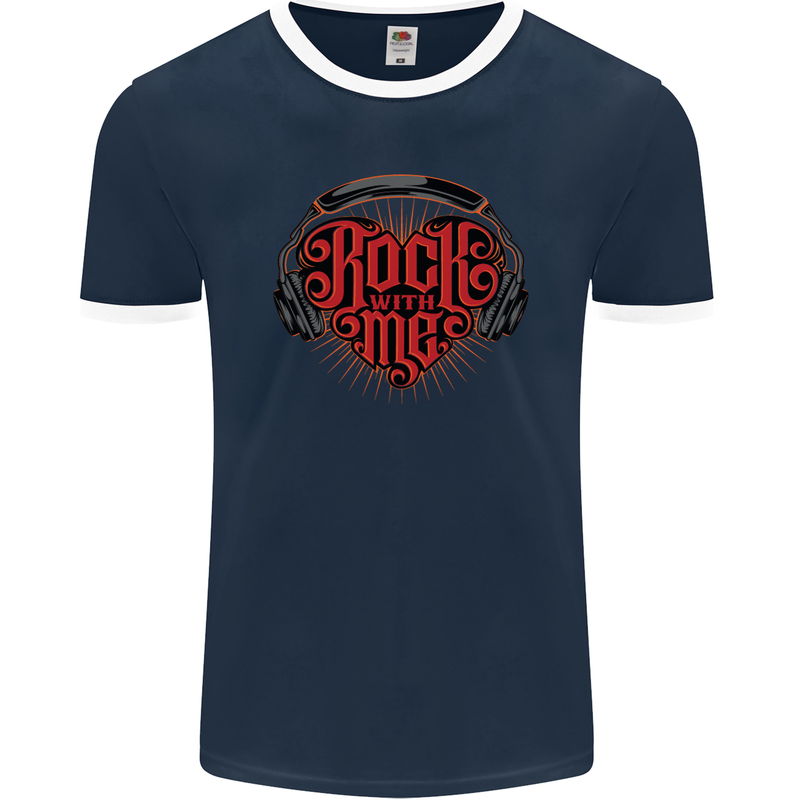 Rock With Me Heavy Metal Music Guitar Mens Ringer T-Shirt FotL Navy Blue/White