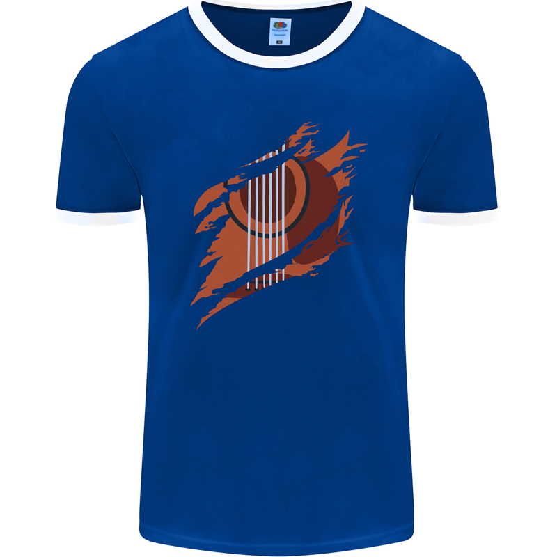 Ripped Torn Acoustic Guitar Music Funny Mens Ringer T-Shirt FotL Royal Blue/White