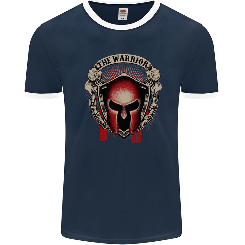 The Warrior Gym Spartan Helmet Bodybuilding Mens Ringer T-Shirt FotL Navy Blue/White