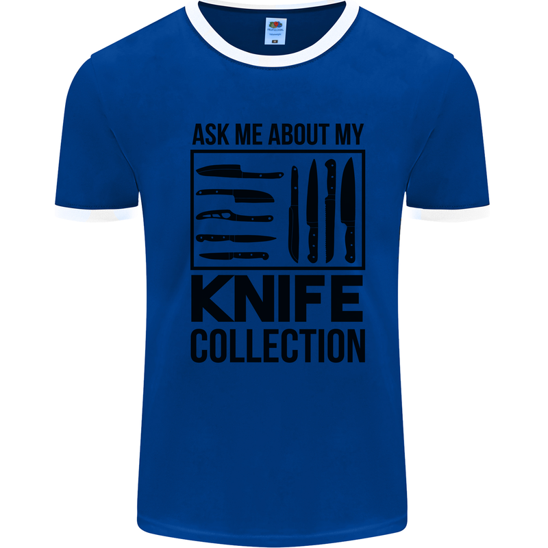 Funny Chef Ask About My Knife Collection Mens White Ringer T-Shirt Royal Blue/White