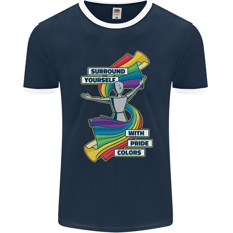 LGBT Surround Yourself Gay Pride Colours Mens Ringer T-Shirt FotL Navy Blue/White