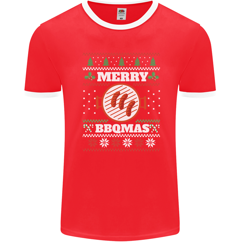 Merry BBQMAS Funny Christmas BBQ Xmas Mens Ringer T-Shirt FotL Red/White