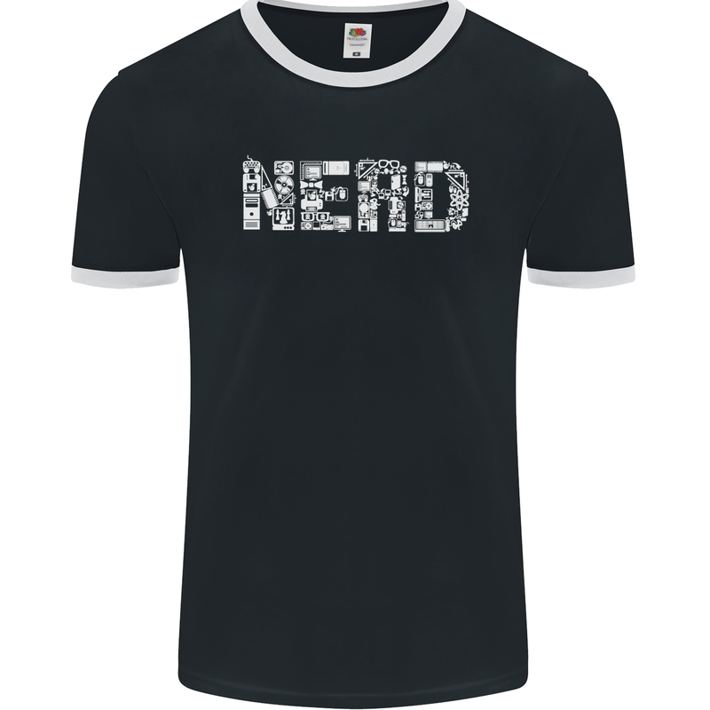 Nerd Word Art Geek Mens Ringer T-Shirt FotL Black/White