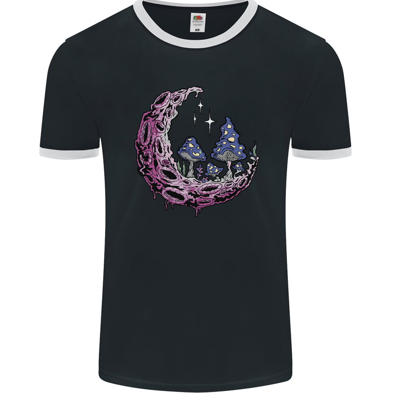 Trippy Magic Mushroom Moon LSD Psychedelic Mens Ringer T-Shirt FotL Black/White