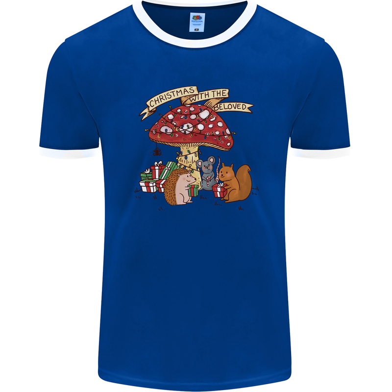 Christmas Hedgehog Toadstool Mouse Mens Ringer T-Shirt FotL Royal Blue/White