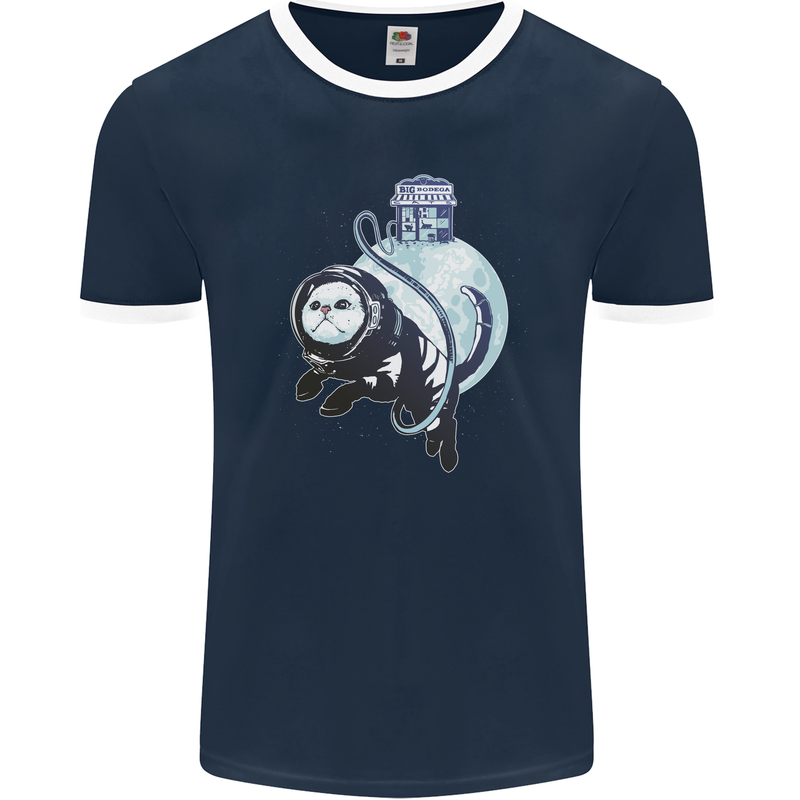 Space Astronaut Cat Funny Mens Ringer T-Shirt FotL Navy Blue/White