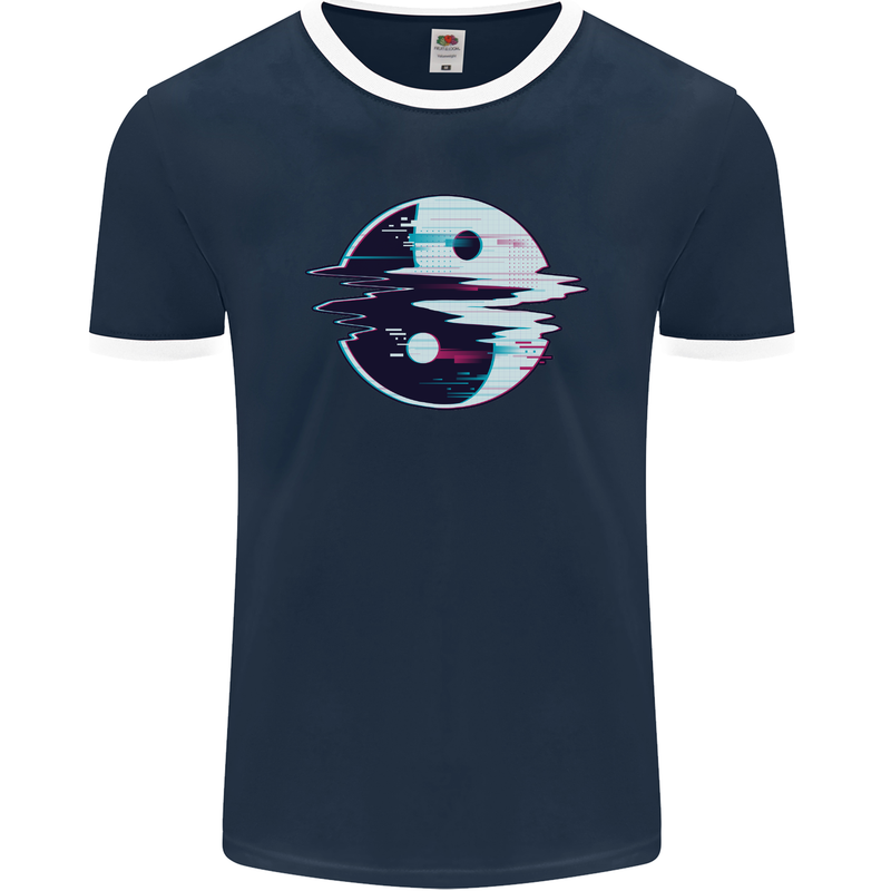 Yin Yang Glitch Yoga Meditation SCI-FI MMA Mens Ringer T-Shirt FotL Navy Blue/White