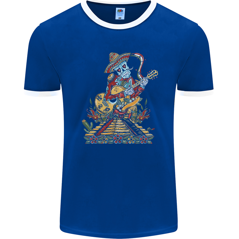 Mariachi Sugar Skull Day of the Dead Guitar Mens Ringer T-Shirt FotL Royal Blue/White