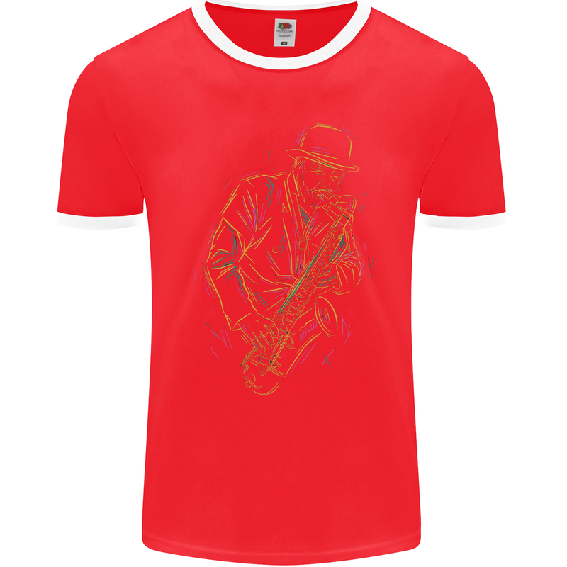 Jazz Colourful Saxophone Player Mens Ringer T-Shirt FotL Red/White