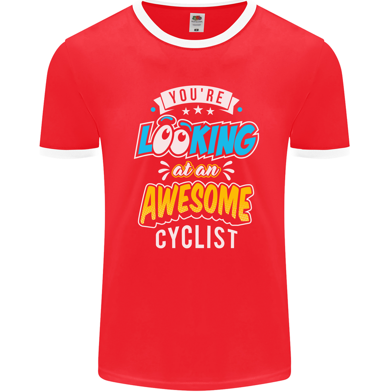 Cycling Looking at an Awesome Cyclist Mens Ringer T-Shirt FotL Red/White