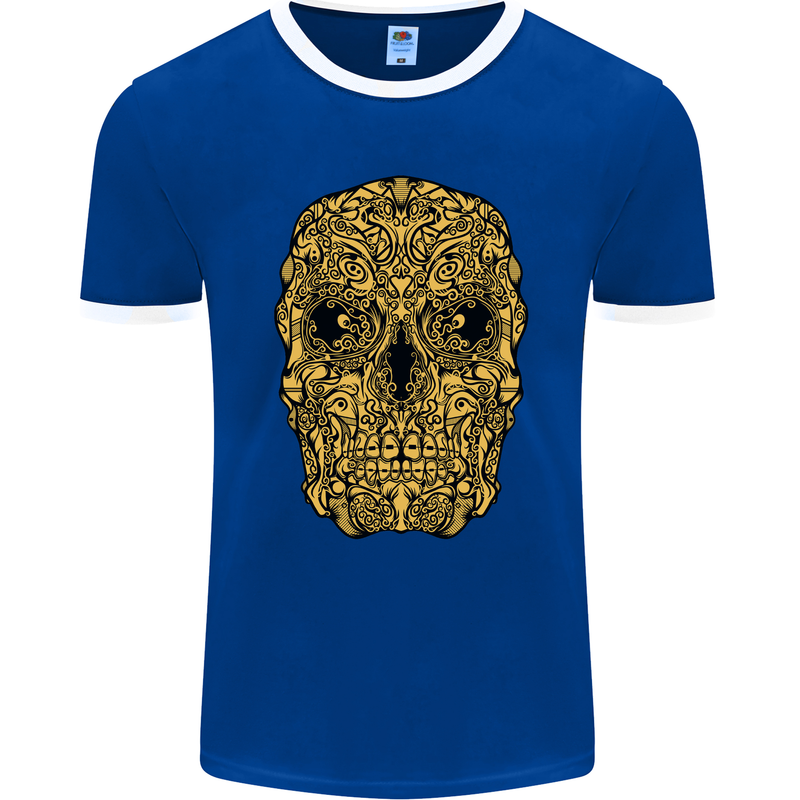 Ethnic Skull Gothic Tribal Demon Mens Ringer T-Shirt FotL Royal Blue/White