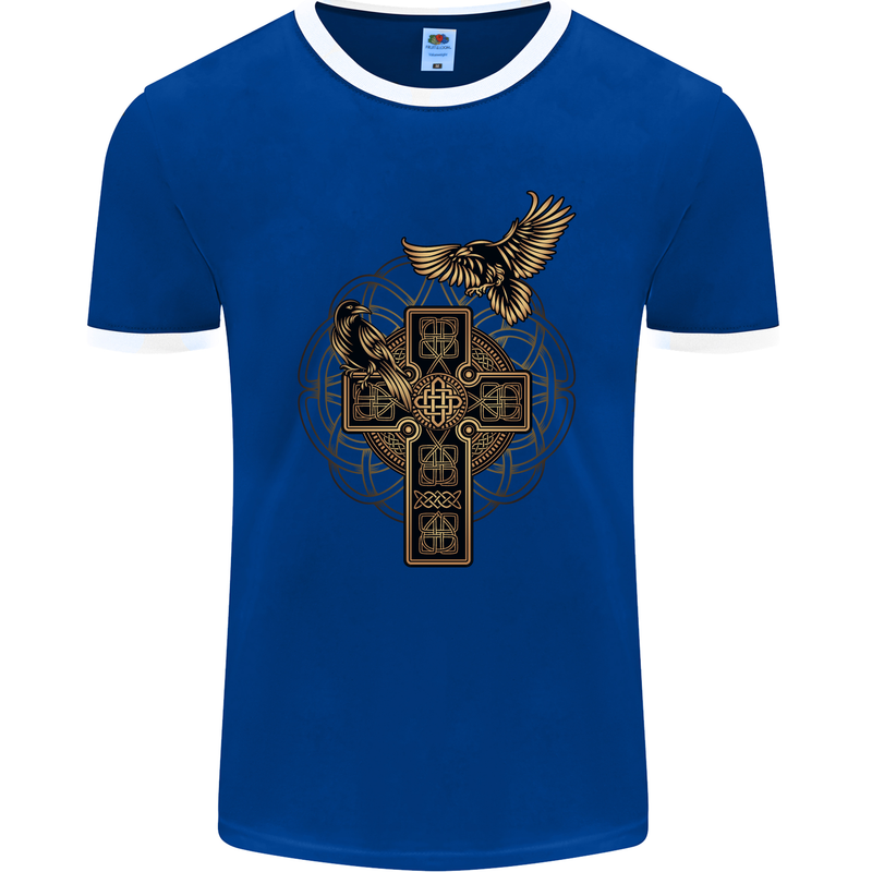 Odins Celtic Raven Viking Thor Ragnar Norse Mens Ringer T-Shirt FotL Royal Blue/White