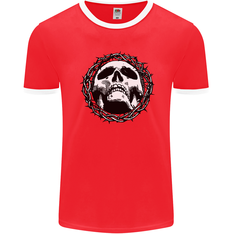 A Skull in Thorns Gothic Christ Jesus Mens Ringer T-Shirt FotL Red/White