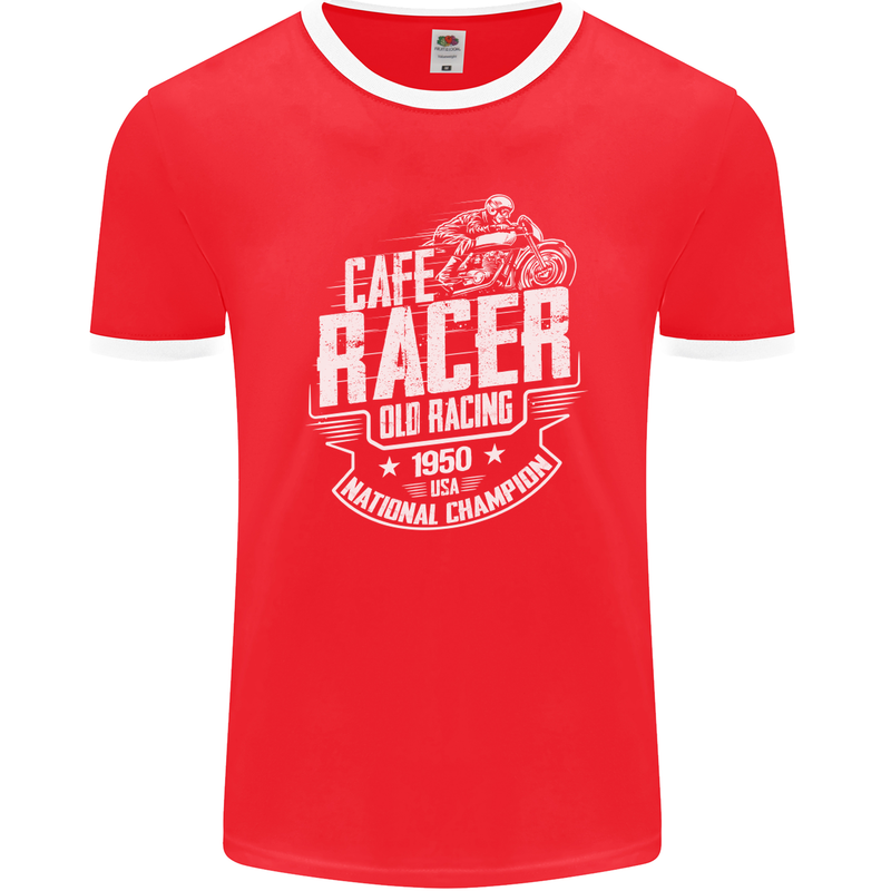 Cafe Racer Old Racing Biker Motorcycle Mens Ringer T-Shirt FotL Red/White