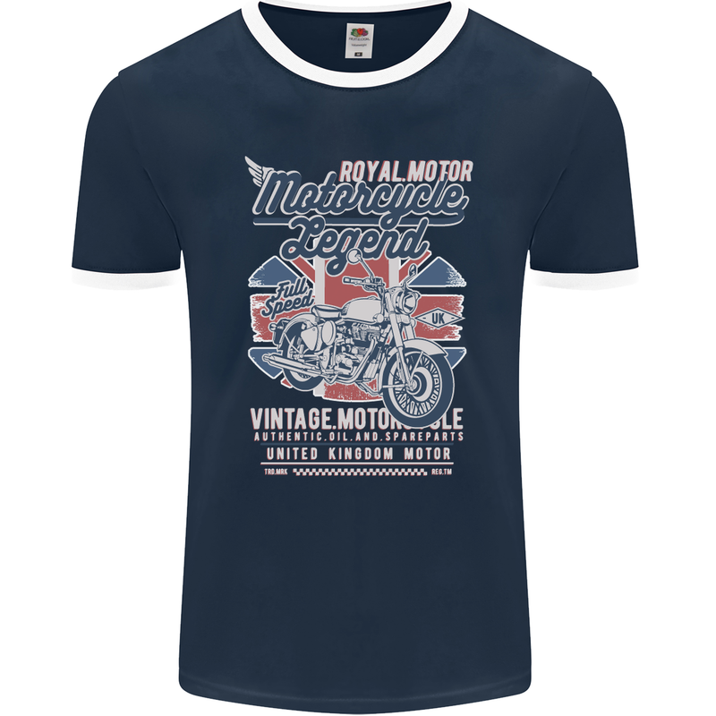 Motorcycle Legend Biker Union Jack British Mens Ringer T-Shirt FotL Navy Blue/White