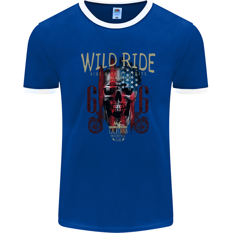 Biker USA Flag Skull Motorbike Motorcycle Mens White Ringer T-Shirt Royal Blue/White