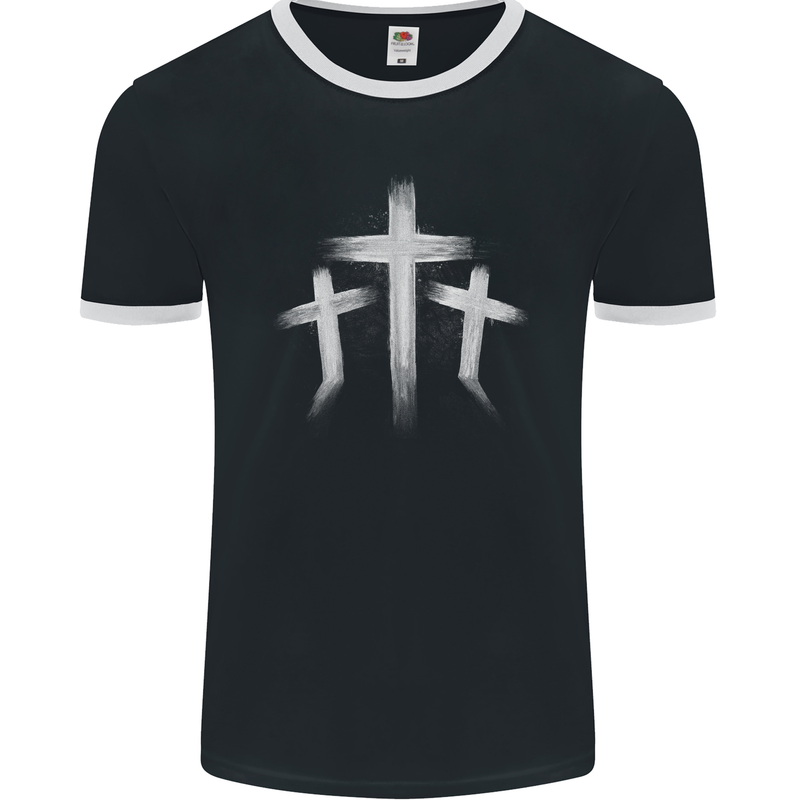 Three Gothic Crosses Grunge Mens Ringer T-Shirt FotL Black/White